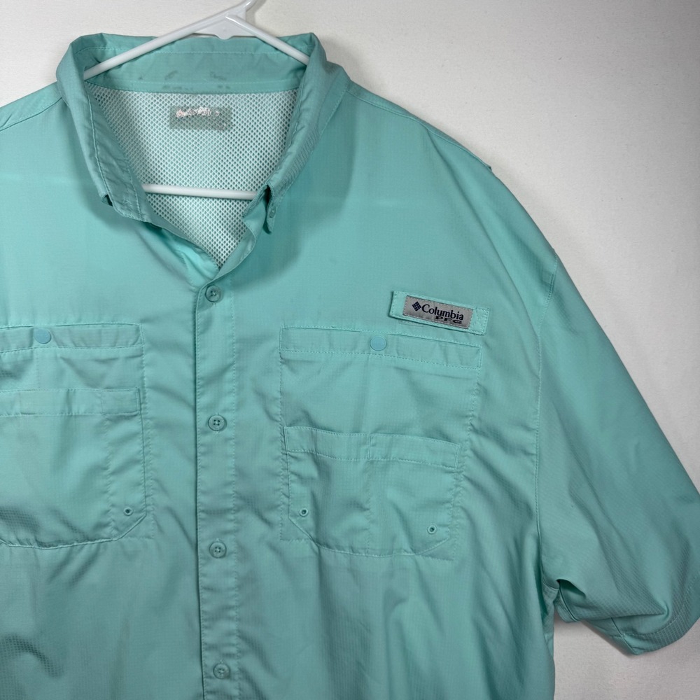 Columbia PFG Tamiami II Fishing Shirt Mens XL Aqua Blue Short Sleeve FM7266
